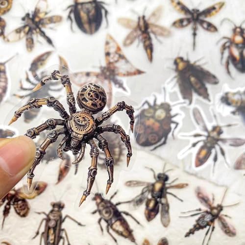 50 Pcs Steampunk Insect Stickers for Scrapbooking – Vintage Mechanical Bug Decals with Gears & Clockwork, Clear Waterproof Aesthetic Stickers for Journaling, Water Bottle, DIY Crafts