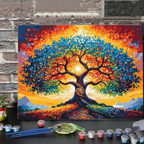 Lovepefe Tree of Life Paint by Numbers Kit for Adults with Framed Beginner Stained Glass Painting Kit Color by Numbers for Adults Canvas DIY Acrylic 12X16 Inches