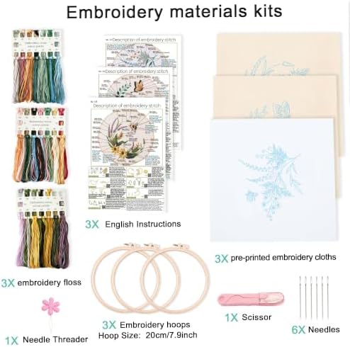 Harimau Beginner Adult Embroidery Kit, All-in-One Starter Pack with 3 Patterns, 3 Hoops, Scissors, Needles, Instruction Manual & Stitching Video Guides