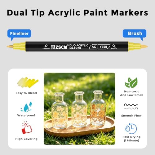 ZSCM 12 Yellow Acrylic Paint Markers, Dual Fine & Brush Tip Acrylic Pens