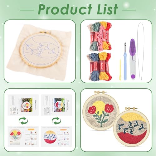 ERKOON Punch Needle Kit Adults Beginners, 2 Pcs DIY Easy Floral Embroidery Set for Starter Art Craft, Needling Punching Project with Patterns, Tools, Yarns, Hoop, Instruction (Rose)