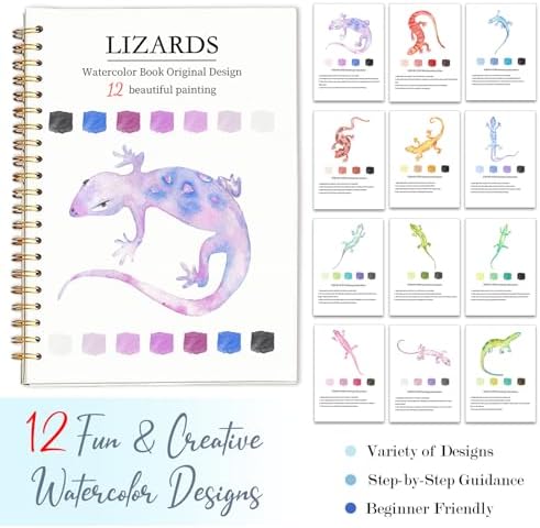 Easy Watercolor Workbook for Beginners - 12 Beautiful Step-by-Step Paintings Water Coloring Book, Includes 16 Colors Paints, Relaxing Art Projects and Creative Gift for Adults & Teen (Lizards)