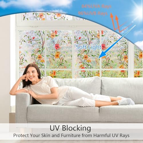 LEMON CLOUD Window Privacy Film, 3D Rainbow Stained Glass, 35.4″ x 157.4″