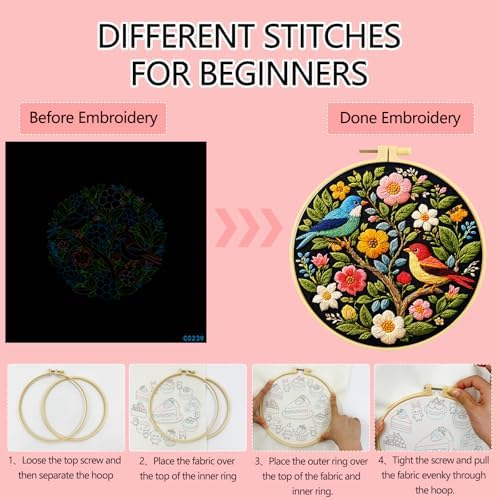 Zhenqing Floral Tree with Birds Embroidery Kit for Beginners, Pre-Printed 29x29cm Cotton Fabric with 20cm Hoop, Colorful Spring Garden Design (C0239)