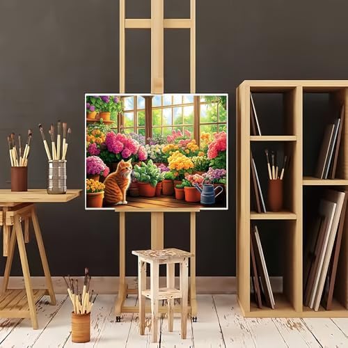 Natuyalo Paint by Numbers for Adults Cat in Garden, DIY Painting by Numbers Kit on Canvas, Flowers Easy Acrylic Paint by Number for Beginners Home Wall Art Decoration 16x20 Inch