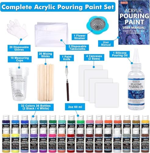 Shuttle Art Acrylic Pouring Paint, Set of 36 Bottles (2 oz/60ml) Pre-Mixed High-Flow Pouring Supplies with Canvas, Silicone Oil, Measuring Cups, Tablecloths, Complete Paint Pouring Kit