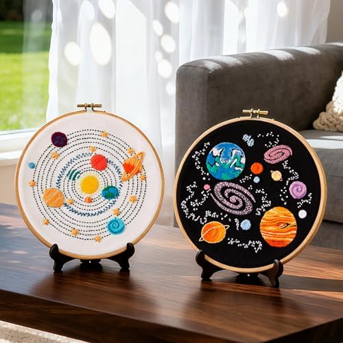 Armindou Embroidery Kit for Adults Beginners, Hand Embroidery Starter Kit with Solar System Patterns, Counted Stamped Cross Stitch Needlepoint Kit for Beginner Adult, 2 Set Embroidery Supplies/Hoop