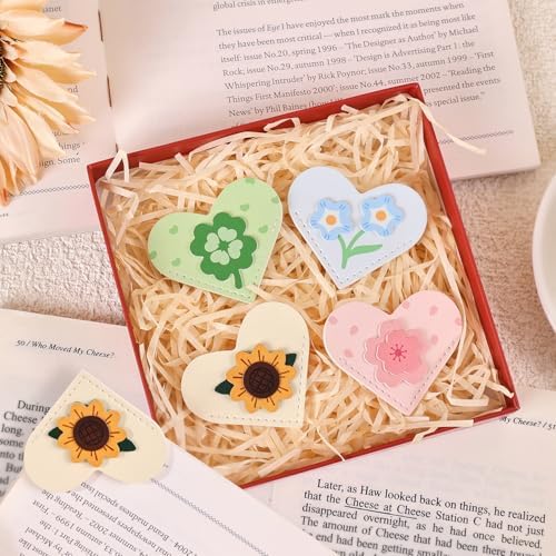 VYRANA 4Pcs Leather Heart Bookmarks - Cute Corner Book Marks Sets for Reading, Floral Read Lover Gifts for Women Men Kids Girl Readers, Pretty Book Markers for Reading, Aesthetic Gifts for Planner
