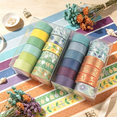 Colorful Washi Tape, 24 Rolls Aesthetic Decorative Foil Masking Tape Set with Gift Box, Decorative Tape for Bullet Journal, DIY Craft, Scrapbook Supplies