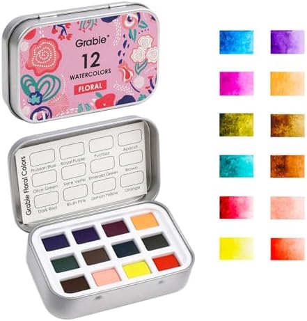 Grabie 12 Color Travel Watercolor Paint Set, Pocket Palette, Floral