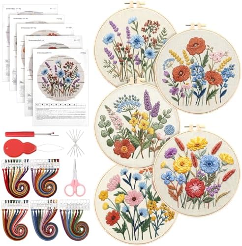 Yinder 5 Set Needlepoint Kits for Beginners Hoops Patterns,Wildflowers