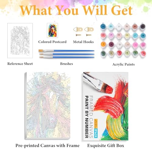 Okarina Framed Paint by Numbers Kit for Adults, Colorful Horse 8x12 Inch