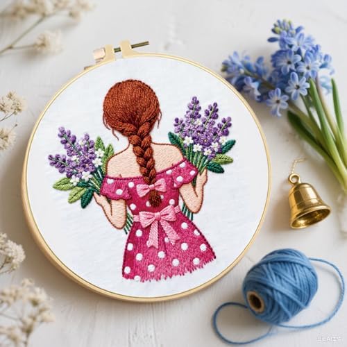 FREEBLOSS 4 Set Embroidery Kit Girl Pattern Stamped Embroidery Starter Kit with Step By Step Instructions, Colored Threads, 2 Hoops, Needlepoint Kits for Hand Craft Lovers Gift, 30cm/11.8inch