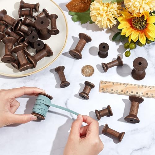 BENECREAT 30Pcs 3 Sizes Antique Wooden Empty Spools, Empty Thread Spools Wooden Ribbon Spools Bobbins for Wire Weaving Arts DIY Wood Projects, 10pcs/Size