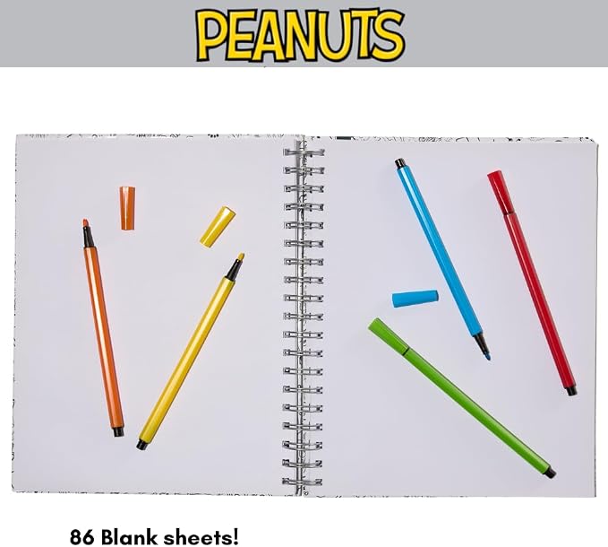 Peanuts Gang Sketchbook for Kids with Washable Markers, 86 Blank Pages Spiral Bound, Snoopy