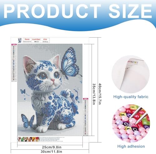 MVVMTOP Diamond Painting Kit for Adults 5D DIY Blue and White Porcelain cat and Butterfly Full Drill Round Diamond Art Kits for Beginners Crystal Rhinestone Embroidery Painting Home Wall Decor Gift
