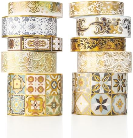 Van Gogh Washi Tape, 10 Rolls Vintage Watercolor Washi Masking Tape Set with Gold Foil, Decorative Tape for Bullet Journal, DIY Craft, Scrapbook Supplies