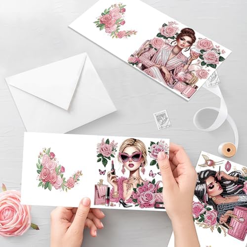 antor 6 Pack 5D Diamond Painting Greeting Cards, Elegant Woman with Floral Design DIY Diamond Art Cards with Envelopes, Handmade Rhinestone Birthday Wedding Thank You Cards for Adults