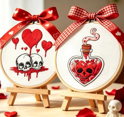Halloween Goth Embroidery Kits for Beginners Adults, Dark Skull Embroidery Sets Needlepoint Kits, Halloween Stamped Cross Stitch Kits for Beginners Adults, 2 Embroidery Hoops (Attached Video Tutorial)