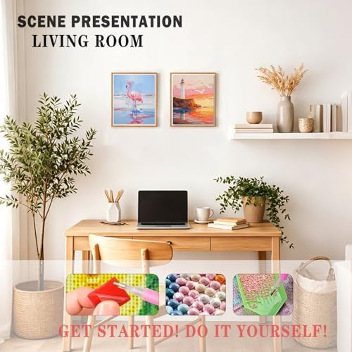 XUNLURY Pink Coastal Flamingo Diamond Art Kits 2 Pcs, Ocean Nautical Sunset Lighthouse Diamond Painting Kits for Adults Beginners, Full Drill Diamonds Dots for Home Decor, 9.8x11.8 Inch
