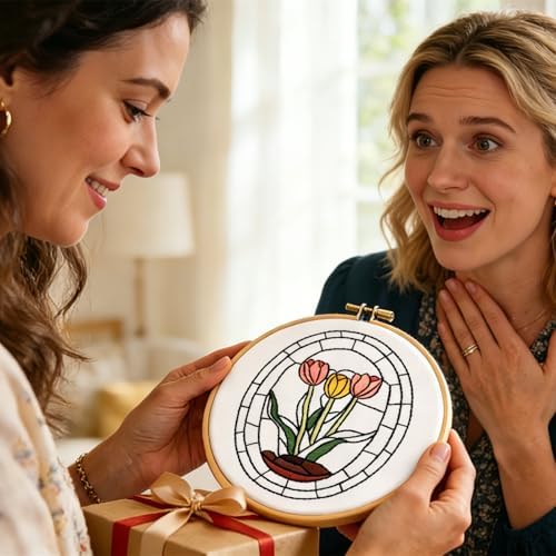 Armindou Flowers Bee Embroidery Kits for Beginners Adults, Floral Hand Embroidery Set Needlepoint DIY Kits, Stamped Cross Stitch Kits for Beginners Adults, 2 Embroidery Hoops (Attached Video Tutorial)