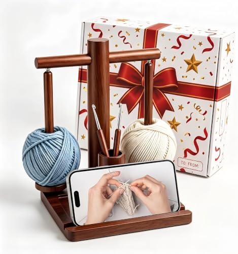 Wooden Yarn Holder for Crocheting & Knitting - Upgraded Magnetic Rotating Dual Spindle Yarn Spinner with Phone Stand & Hook Storage - Tangle Yarn Dispenser, Perfect Gift for Knitters & Crafters