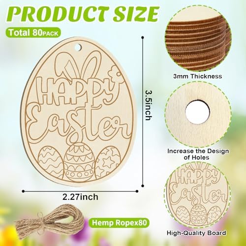 80PCS Wooden Easter Ornaments to Paint, 10 Styles DIY Blank Unfinished Wood Egg Cutouts Ornament for Crafts Hanging Decorations Happy Easter Hallow Egg Rabbit Bunny Butterfly Flower Hen