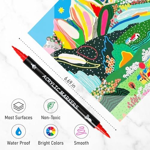 Recheel Acrylic Paint Markers, 72 Colors Dual Tip Fine & Brush Pens for Art | For Rock, Wood, Canvas, Glass, Ceramic & More, Perfect for Multi-Surface DIY Crafts and Creative Art Projects