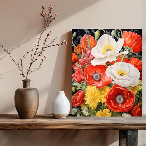 xcemhil Flowers Paint by Number Kit for Adults, Poppy Paint by Numbers Kit, Adult Paint by Number Kits on Canvas for Gift Home Wall Decor 16x20in