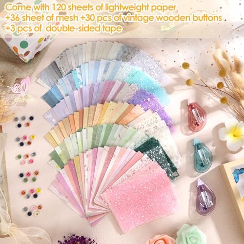 156 Sheets Textured Scrapbook Paper and Mesh Fabric Assorted Set, Sublaga 6 Pack Mixed Special Paper for Scrapbooking Planner Bullet Junk Journal Supplies 5.5x4 Inch