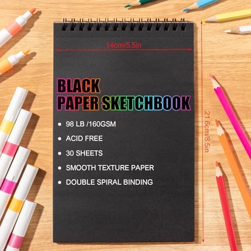 Black Paper Sketchbook 5.5 × 8.5 in, 30 Sheets, 160gsm Spiral Bound | Acid-Free 98Lb Black Paper, Top Spiral, Tear-Off Pages, Hardcover, for Colored Pencil, Chalk & Metallic Markers