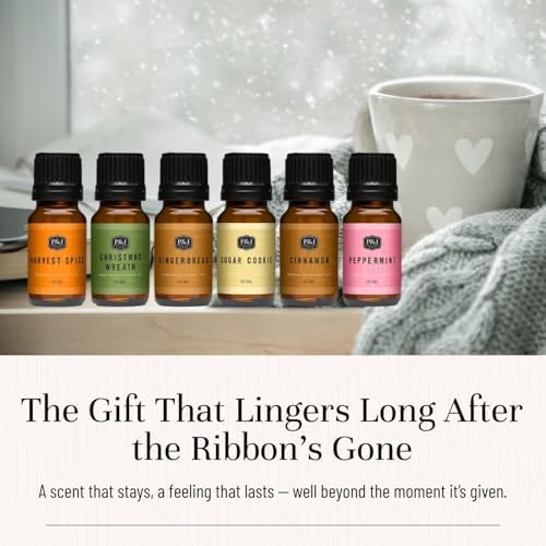 P&J Trading Fragrance Oil Winter Set | Cinnamon, Gingerbread, Sugar Cookies, Harvest Spice, Peppermint, and Christmas Wreath Candle Scents for Candle Making, Freshie Scents, Soap Making Supplies