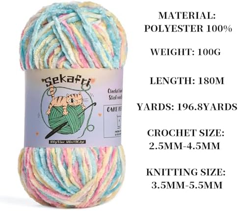 3 Pack of 300g (590yds) Fuzzy Chenille Yarn for Crocheting,Fluffy Amigurumi Crochet Yarn for DIY Craft/Hat/Clothes, Soft Velvet Baby Blanket Yarn（3 Candy Color）