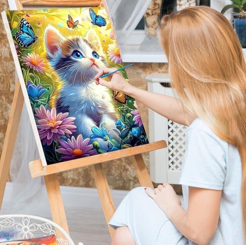 Bowetile Framed Paint by Numbers Cat for Adults Beginners, Adults' Paint-by-Number Cat Kits, Easy Adult Paint by Number Kits on Canvas, Acrylic Animals Number Painting for Home Decor, 8x12in