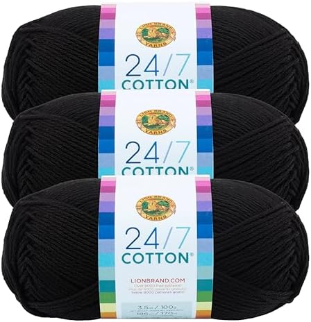 Lion Brand 24/7 Cotton Yarn, Yarn for Knitting, Crocheting, and Crafts, Black, 3 Pack