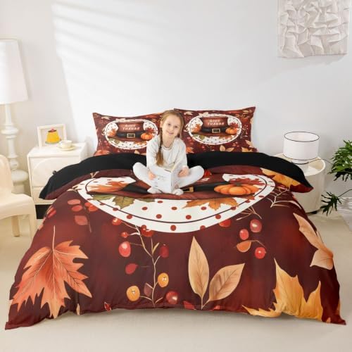 Erosebridal Thanksgiving Hat Duvet Cover King Size Watercolor Fall Maple Bedding Set for Adults Teens Women Autumn Pumpkin Comforter Cover Rustic Harvest Bedclothes Room Decor