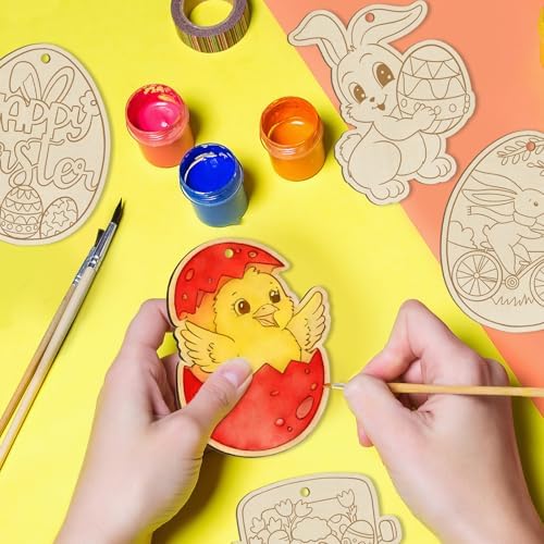 80PCS Wooden Easter Ornaments to Paint, 10 Styles DIY Blank Unfinished Wood Egg Cutouts Ornament for Crafts Hanging Decorations Happy Easter Hallow Egg Rabbit Bunny Butterfly Flower Hen