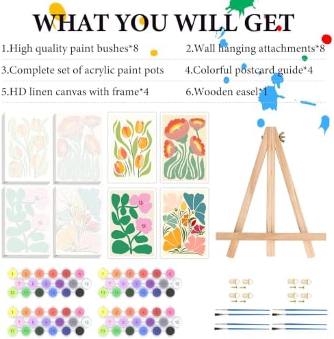 4 Pack Frame Paint by Numbers Kit for Adults, Flowers Paint by Numbers