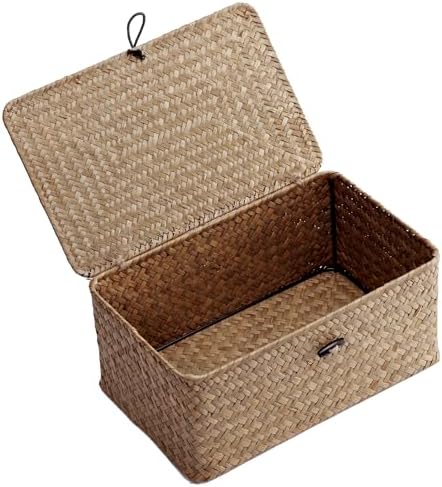 Nonam Small Wicker Basket with Lid,Seagrass Shelf Storage Basket,Coffee