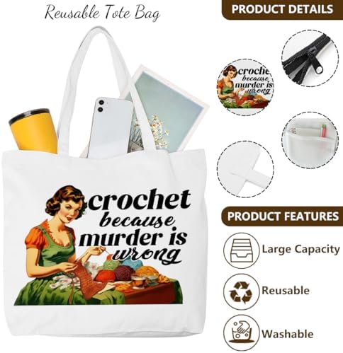 Crochet Knitting Supplies Canvas Tote Bag Makeup Bag Set, Crochet Accessories Gifts for Women Grocery Cosmetic Bags