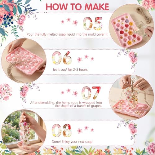 Zhehao DIY Grape Soap Making Kit with Natural Soap Base for Beginners, Complete Handmade Craft Set Includes Silicone Grape Mold, Dried Pressed Flowers, Tweezer, Jute Rope, DIY Making Gift Set