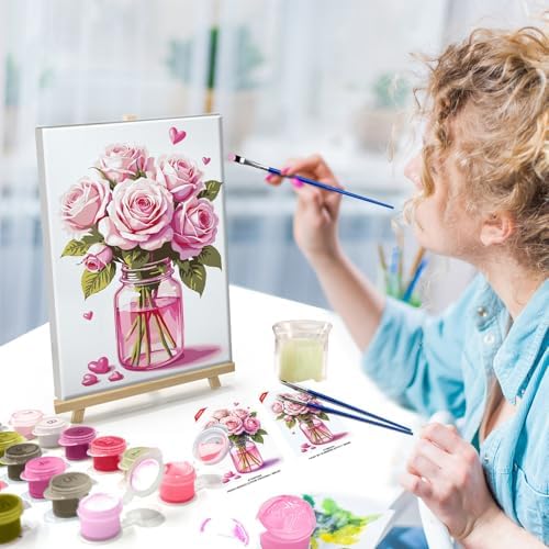 ATDMS Paint by Numbers Kit for Adults with Frame Flowers Paint by Number with Easel Floral Adult Paint by Number Kits Framed Canvas DIY Acrylic Oil Painting Kits for Home Wall Decor 8x12 Inch