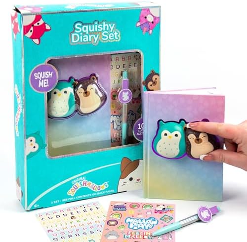 Squishmallows Original Squishy Diary Set, Includes 5 x 7 Diary, 60 Sheets, Kawaii Stickers, Pen, Fun Journaling Kit & Sketchbook for Kids, School Supplies, Journal for Girls