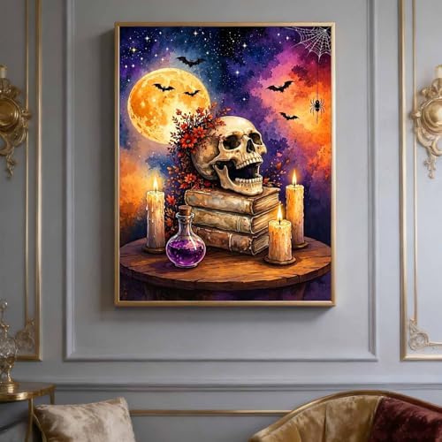 Skull on Books Diamond Art Kits for Adults, Halloween Diamond Painting