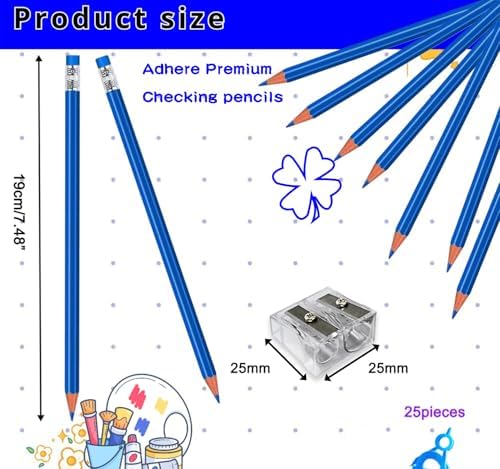 Adhere 25pcs Checking Pencils Erasable colored Pencils Pre-Sharpened #2 HB,for Checking Tests Grading,Map Coloring, editing Office Favors,including a Free sharpener. (Blue)