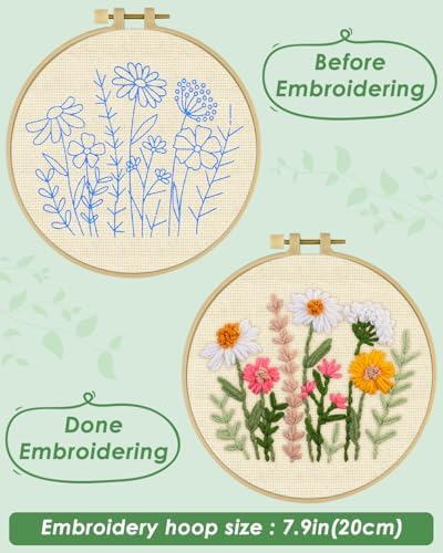 ERKOON Punch Needle Kit Beginners Adults, DIY Easy Flower Embroidery Set for Starter Art Craft, Needling Punching Project with Patterns, Tools, Yarns, Hoop, Instruction (Colorful Daisies)
