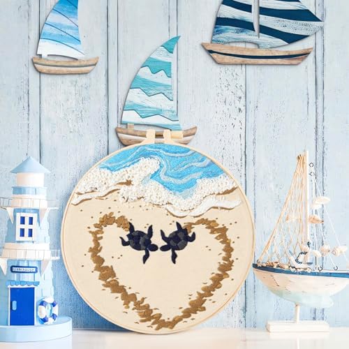 Crafmanoe Beach Embroidery Kits for Beginners Adults, Coastal Stamped Cross Stitch Kits for Beginners Adults, Hand Embroidery Needlepoint Starter Kits, Valentine's Day Gift for Women (Video Tutorial)