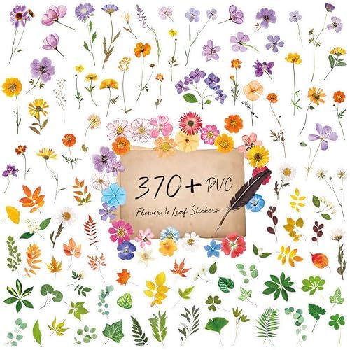 370+ PCS PVC Flower Stickers, Self-Adhesive PVC Greenery Stickers Nature Plant Decals for Scrapbook, Laptop, Journal, DIY Project, Spring Themed Party Decors