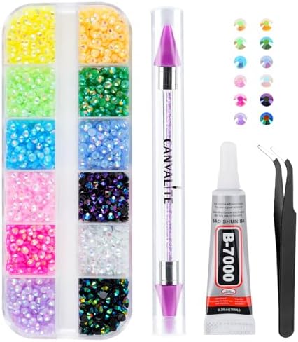 Canvalite 6000Pcs Resin Jelly Rhinestones for Bedazzling, Multicolor 3mm Flatback Rainbow Gems, Bedazzling Crystal with 1Pcs 10ml Jewelry Glue, Rhinestone Picker for DIY Crafting Clothes Shoes