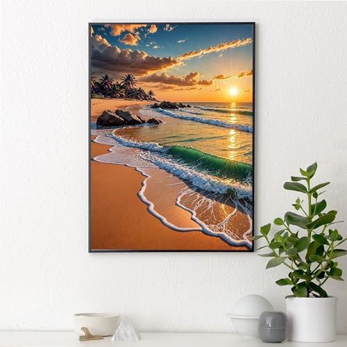 Yezavesu Beach Diamond Art Kits for Adults, Sunset 5D Diamond Painting Kit for Beginners, DIY Round Full Drill Painting with Gem Art Craft Kits for Home Wall Decor 12x16 Inch